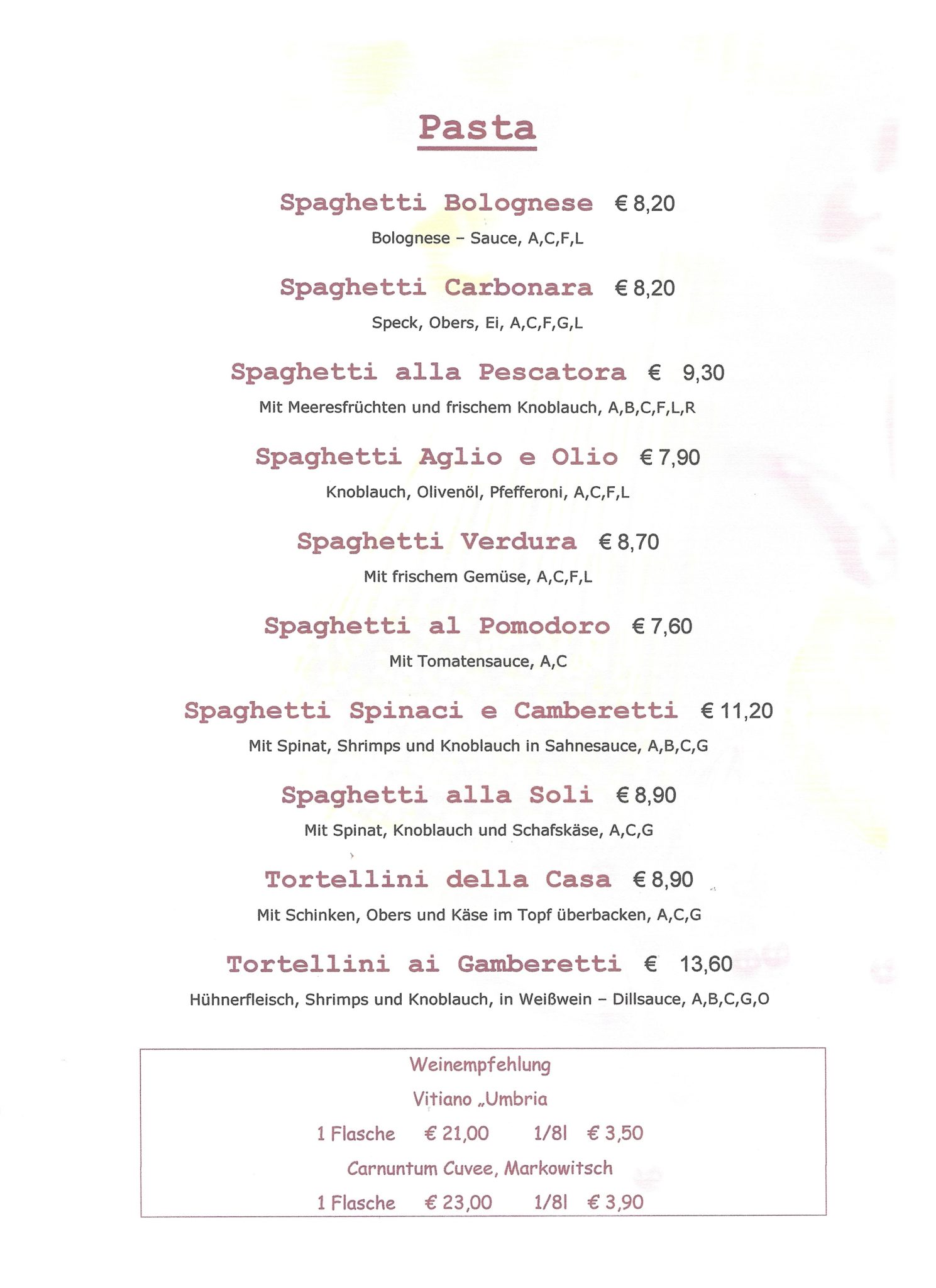Speisekarte – Restaurant Pizzeria Venezia